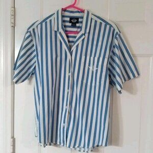 Dockers Women's Short Sleeve White With Blue Stripes Button Up Shirt Size Large